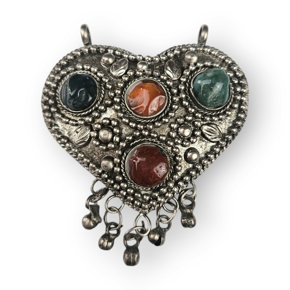 Afghan Kuchi Gemstone Heart Pendant Floral Silver Tone Dangle Ethnic Vtg 2.75"